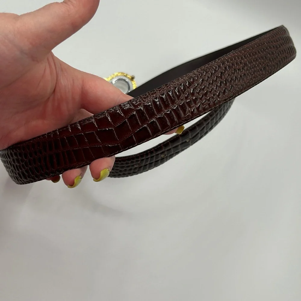 Mens Dark Brown Embossed Alligator Leather Belt Two-Tone Gold Silver Buckle 39.5